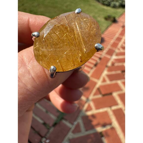 Gold Rutile Quartz Princess Ring Handmade Heavy Sterling 925 Silver US Size 7.5 - Picture 2 of 9